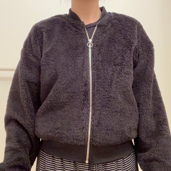 Express Black Sherpa Bomber Jacket - Picture 3 of 8